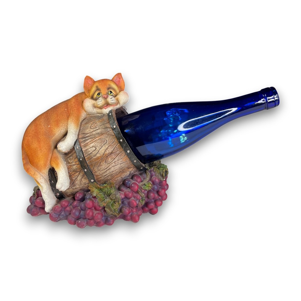 Vintage Resin Cat Wine Holder Caddy Planter w Grapes Barrel Garden Whimsical